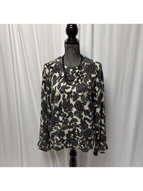 Democracy Floral Sweater Womens XL Black Gray Mohair Blend Long Bell Sleeve Cozy